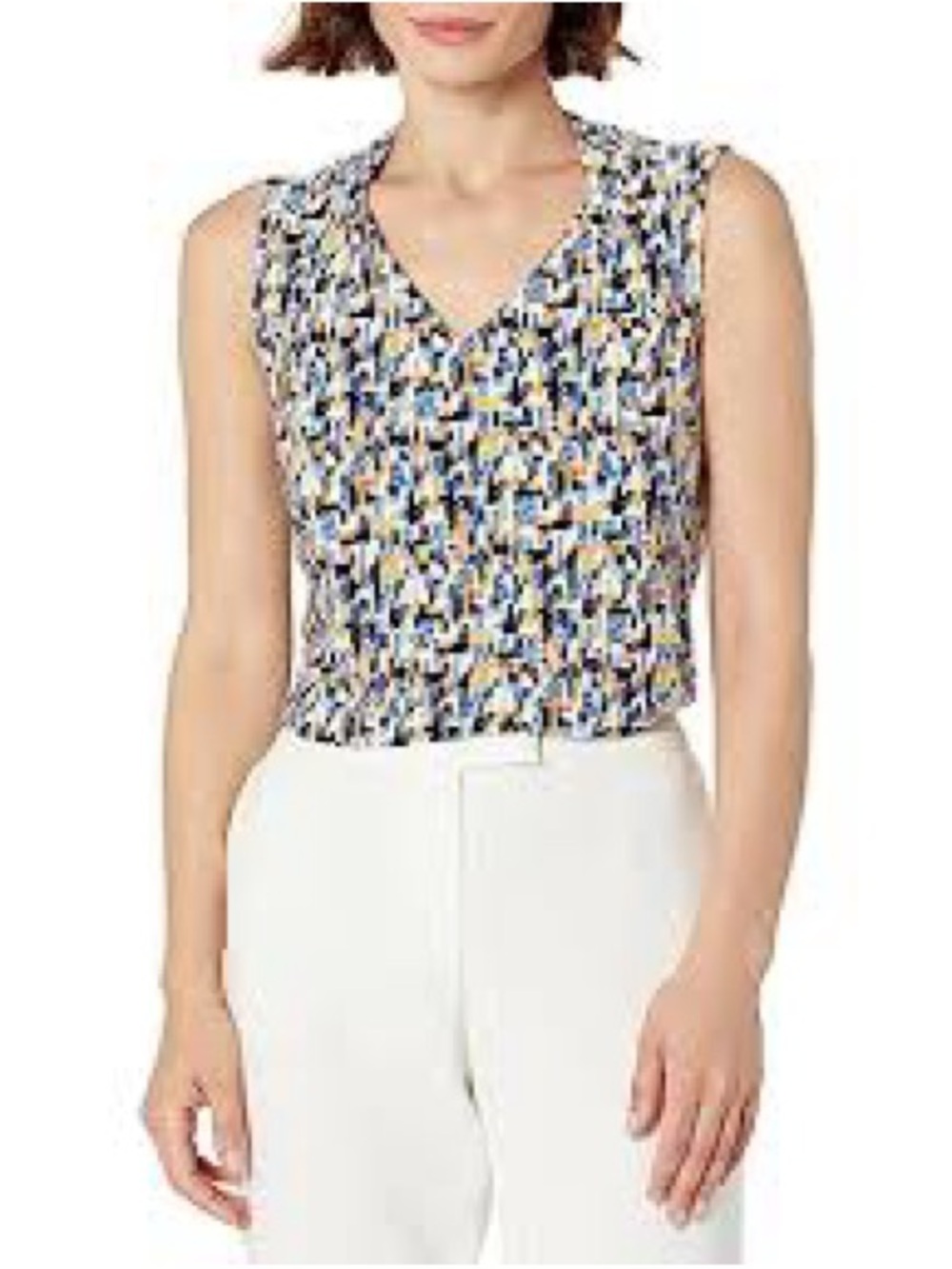 Kasper V-Neck Sleeveless Printed Shell Top - Blue, Yellow, White